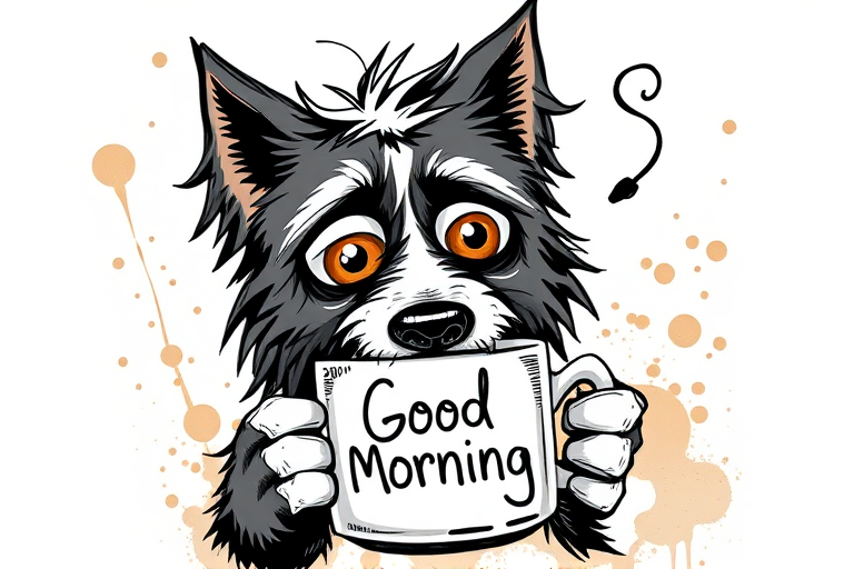 A quirky, artistic illustration of a disheveled collie dog breed with exaggerated, large eyes and spiky fur, holding a coffee mug that reads "Good Morning". The dog has a tired but humorous expression, with ink splatters and abstract details surrounding it, giving a whimsical feel to the image. The color palette is mostly monochrome with hints of brown in the eyes and steam rising from the mug, enhancing the overall sleepy vibe