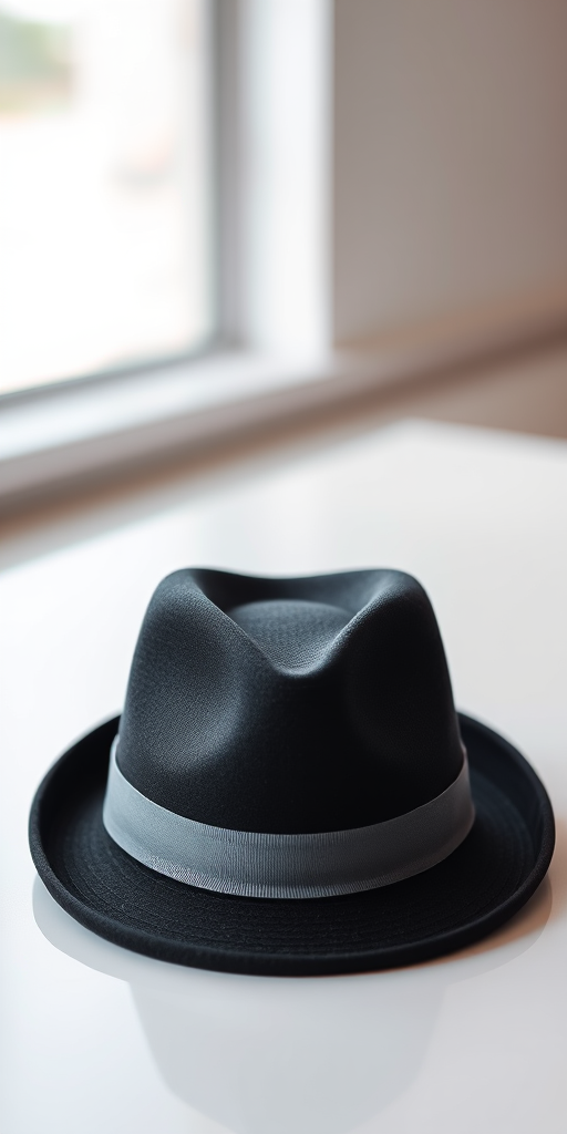 Create a high-resolution vector image of a black fedora hat with a gray band resting on a flat surface, using a DSLR camera with a 50mm lens, aperture set to f/2.8, ISO 100, and a soft-focus background.