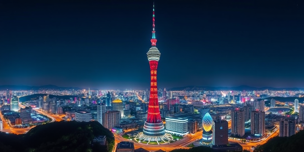 Capture a high-resolution night photograph of the Lotte World Tower in Seoul, using a DSLR camera with a 24mm lens, ISO 100, aperture f/8, shutter speed 5 seconds, in a panoramic view to include surrounding city lights, utilizing long exposure for enhanced detail and clarity.
