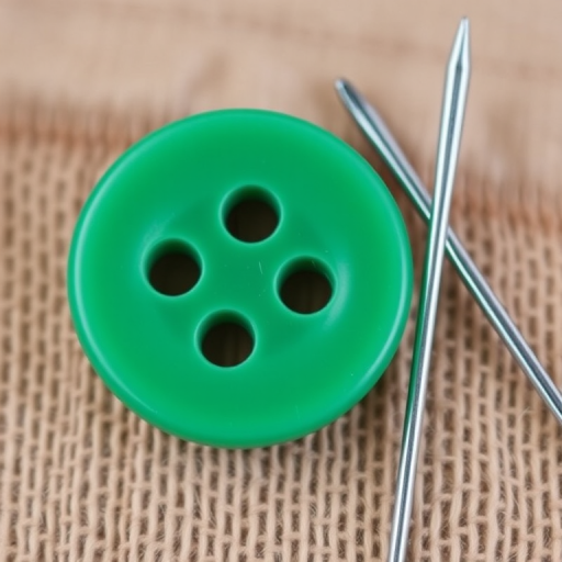 Create a high-resolution image of a large green sewing button with four holes next to a slender silver sewing needle, shot with a 50mm lens, f/2.8 aperture, ISO 100, natural light, and a shallow depth of field.
