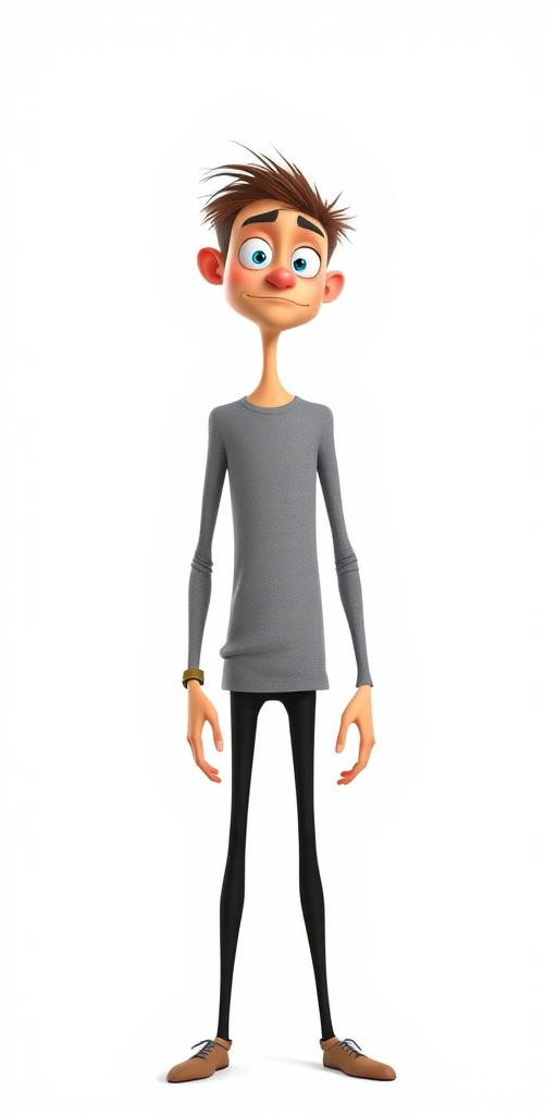 a tall, thin cartoon character with an awkward posture, wearing a fitted gray long-sleeve shirt and black skinny pants, standing against a plain white background, shot with a Canon EOS R5, 50mm lens, aperture f/2.8, ISO 100, natural light for soft shadows and a clean look