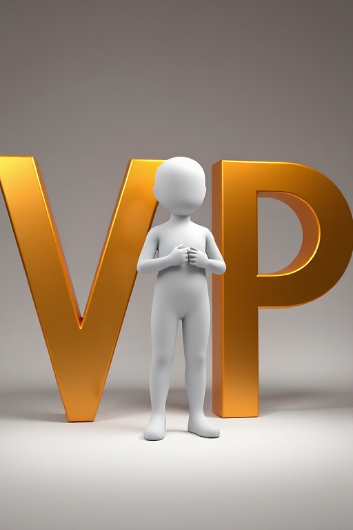 3D rendering of a white humanoid figure standing between large gold letters "V" and "P", soft lighting, high-resolution, shot with a Canon EOS R5 at f/8, ISO 100, 50mm lens, 3-point lighting setup, professional studio backdrop.