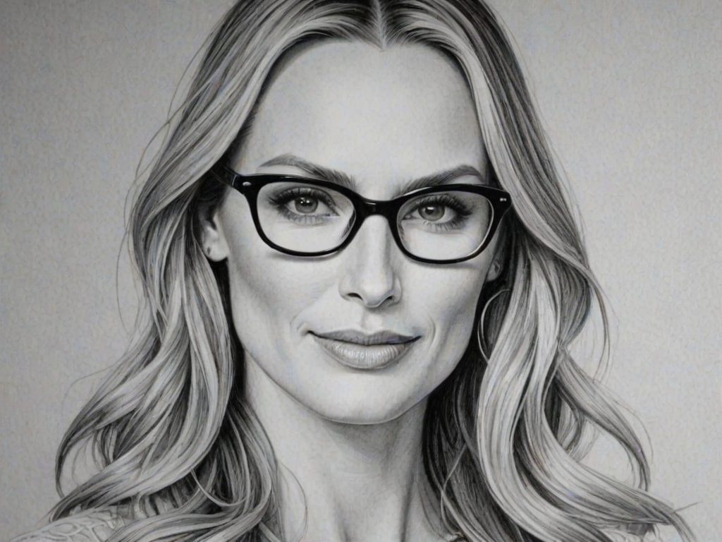 Attractive Molly Sims, pencil sketch, portrait of Gorgeous woman 1941s in glasses, hair style beatnik, outline, clear lines, fine lines, 8k