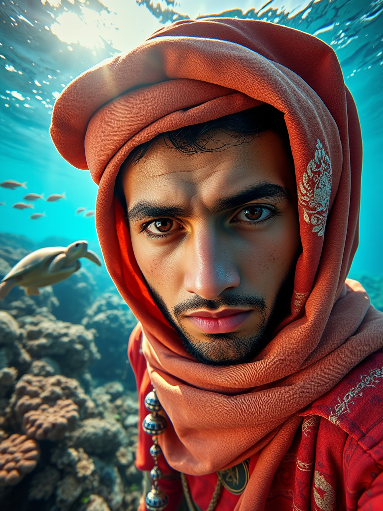 Realistic selfie image of a Sahrawi, wearing a vintage outfit, detailed dreamy eyes, droopy hooded eyes, staring at the camera, taken underwater at coral reef with a sunbeam filtering through the water, vibrant, summer vacation, natural lighting, turtle and school of tropical fish with vibrant colors, rendered in the style of CryEngine, Pegi Nicol MacLeod, with realistic genre scenes, hauntingly beautiful narratives, ultra-realism, and Thomas Saliot's close-up technique, 8K resolution, crystal clear and sparkling water.