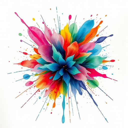 Watercolor splatter "Chromatic Explosion" tattoo concept featuring vibrant bursts of color blending and bleeding into each other with dynamic brush-like strokes and splatters for an expressive and artistic look