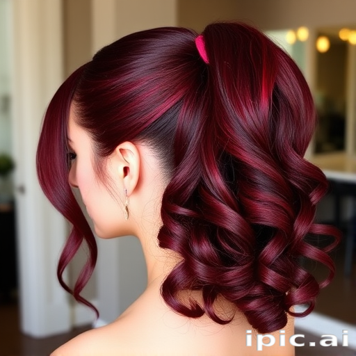 Regal deep burgundy to garnet red ombre styled in a sleek high ponytail with a wrapped base and cascading curls for a glamorous evening look