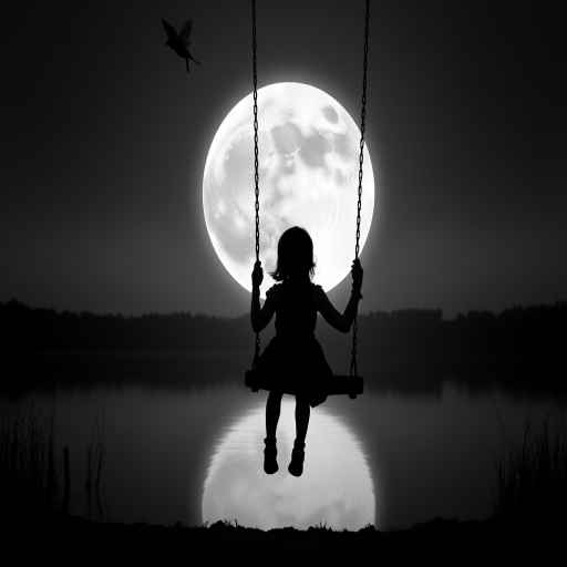 A silhouette of a girl on a swing facing a large, full moon over a calm water surface, with a fairy flying nearby, captured with a DSLR camera at f/2.8, 50mm lens, ISO 100, and a long exposure of 5 seconds, in high contrast black and white with a dreamy aesthetic.