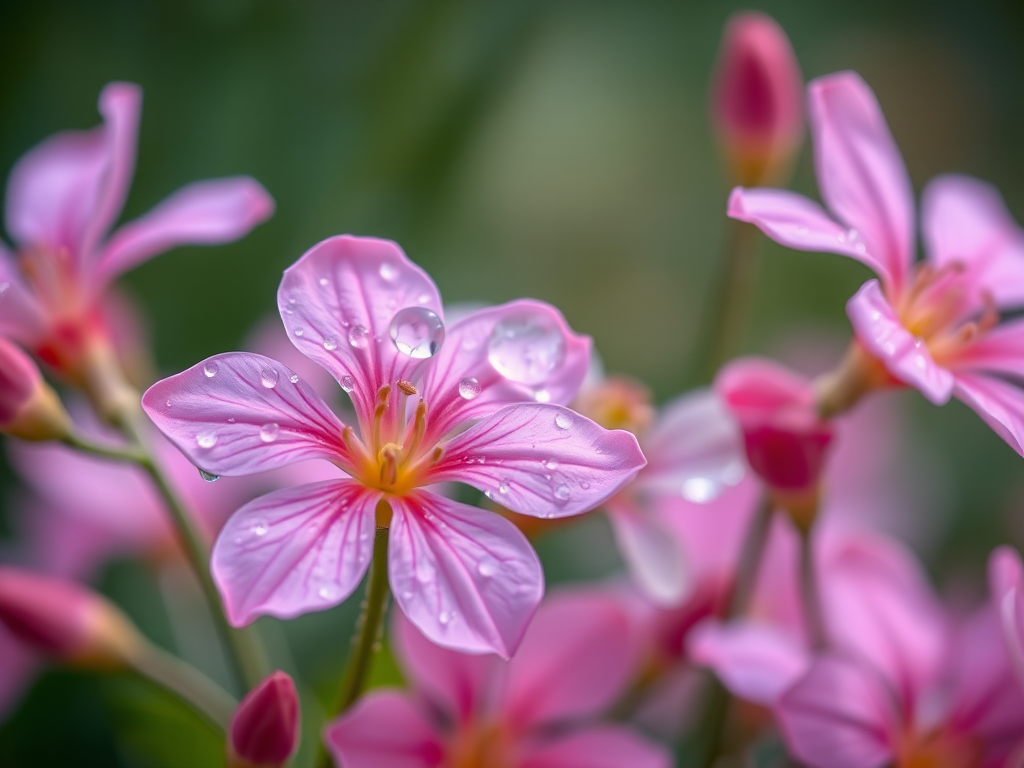 Capture a close-up of pink flowers with dew drops, using a DSLR camera in macro mode, aperture set to f/2.8, shutter speed at 1/200s, ISO 100, with a soft focus background and natural lighting.