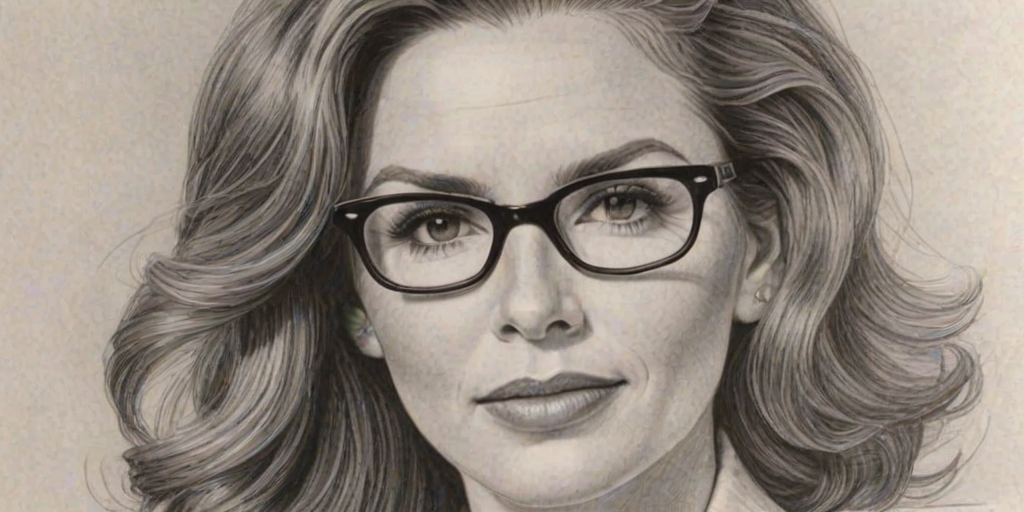 Ravishing Melissa Gilbert, pencil sketch, portrait of Fetching woman 1944s in glasses, hair style beatnik, outline, clear lines, fine lines, 8k