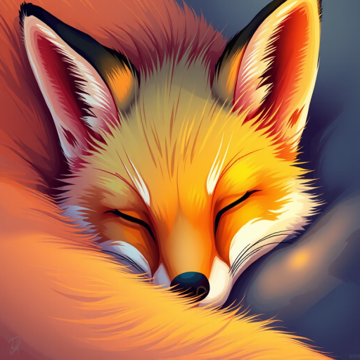 Create a vibrant and stylized illustration of a sleeping fox, focusing on soft curves and warm colors, captured in high resolution with a digital art style, using a zoom lens for close-up details and vibrant lighting to enhance depth and contrast.