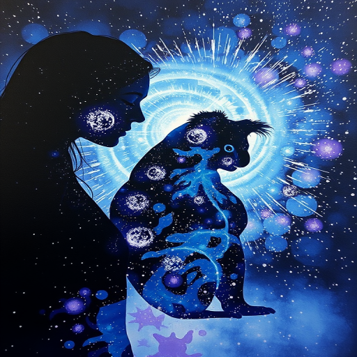 Captivating conceptual render alcohol ink art, double exposure, the paint strokes artfully merge combining a woman's full silhouette with a Cute koala's silhouette. The figures are composed of a series of colored dots, lines & spots that evoke the image of a cosmic galaxy, colors are deep shades of blue purple & black with flashes of white & silver representing distant stars. The woman's silhouette is formed within the lion's silhouette from constellations of scattered stars, surreal