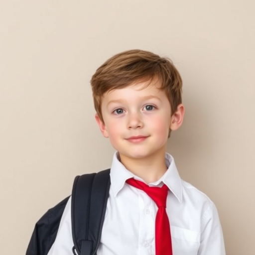 a young boy with brown hair wearing a white shirt and a red tie, holding a backpack, standing against a plain background, portrait style, DSLR camera, 50mm lens, ISO 100, aperture f/1.8, natural lighting