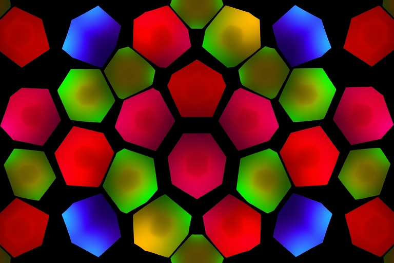 generate a vibrant geometric pattern with hexagonal shapes featuring a spectrum of colors including red, blue, green, yellow, and purple against a dark background, shot with a DSLR camera at f/4, ISO 100, 50mm lens, angled view to accentuate depth and texture, high dynamic range imaging for enhanced detail