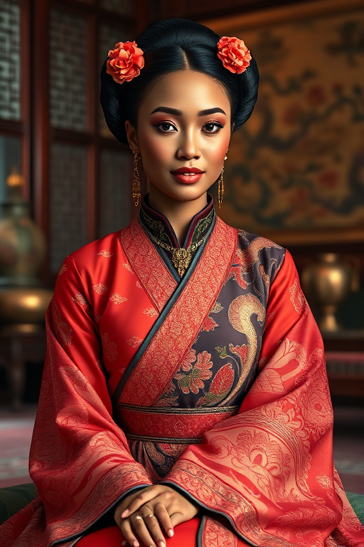 A beautiful Afro-Caribbean woman in traditional East Asian attire, intricately detailed with embroidered patterns, sitting gracefully in a richly decorated room, soft ambient lighting, serene and elegant, ultra-realistic, 8K resolution