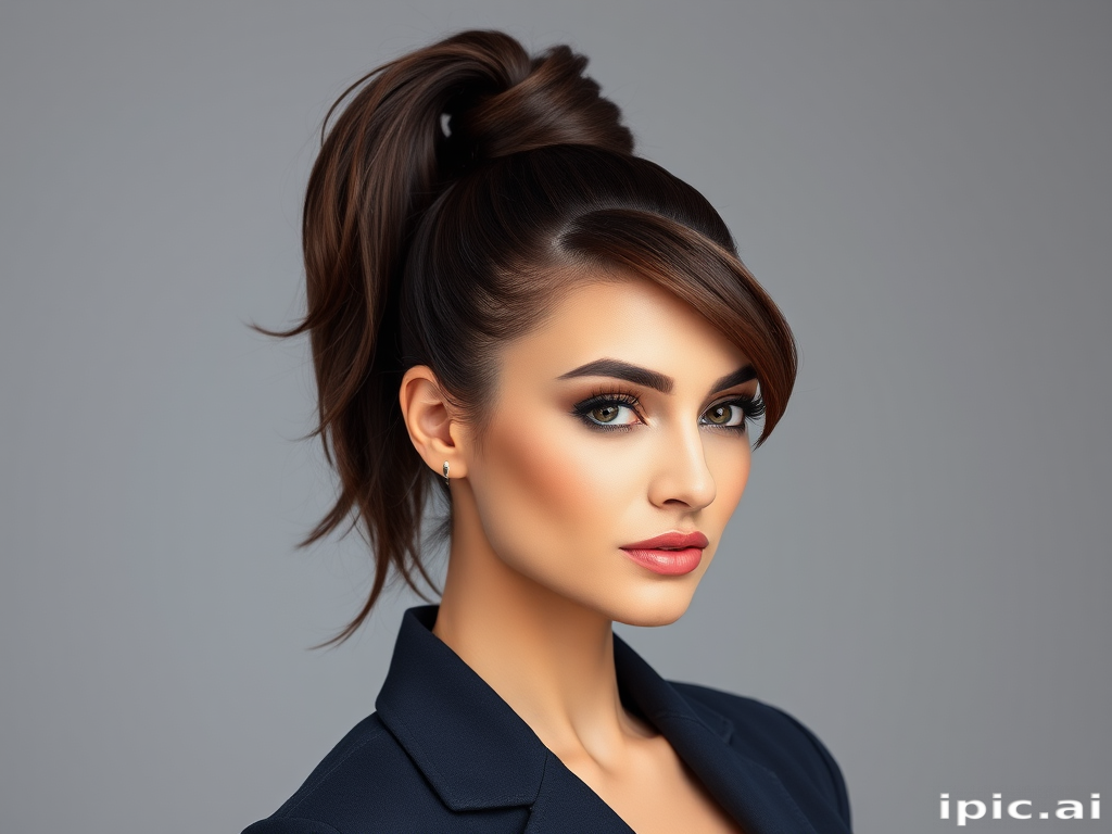 Confident businesswoman showcasing a sleek, high ponytail with wrapped base and face-framing wisps, complemented by a rich espresso brown hue