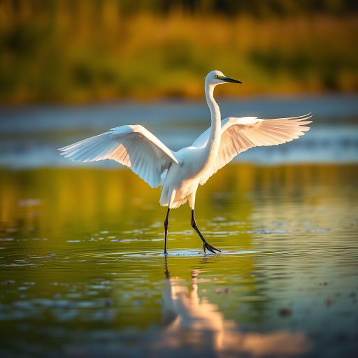 photograph of a great egret standing in shallow water with wings partially spread, golden hour lighting, shallow depth of field, 85mm lens, f/2.8, ISO 200, 1/500s shutter speed, natural setting with vivid green reflections in the water, focus on the bird's reflection and graceful posture, soft bokeh background, taken with a DSLR camera