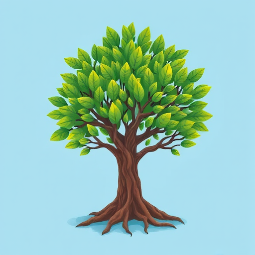 Create a vibrant and detailed illustration of a stylized tree with green leaves and pronounced roots, using a soft gradient blue background, shot with a Canon EOS R5 at f/8, ISO 100, and a 50mm lens for sharp focus and depth of field.