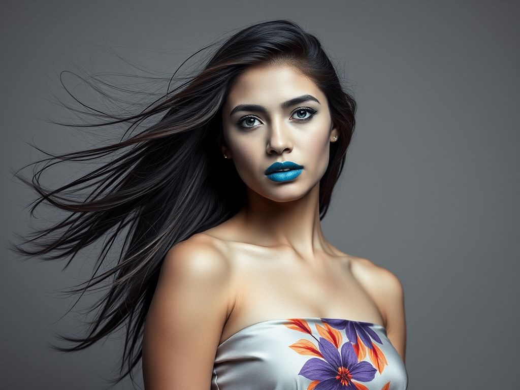 Photographic image of a beautiful young Mapuche woman, cyan eyes, lips with cyan lipstick, long hair fluttering in the wind and wearing a silk strapless dress with a soft purple and orange print. monochrome image with only color highlights in the iris of the eyes, lipstick and dress. Gray background.