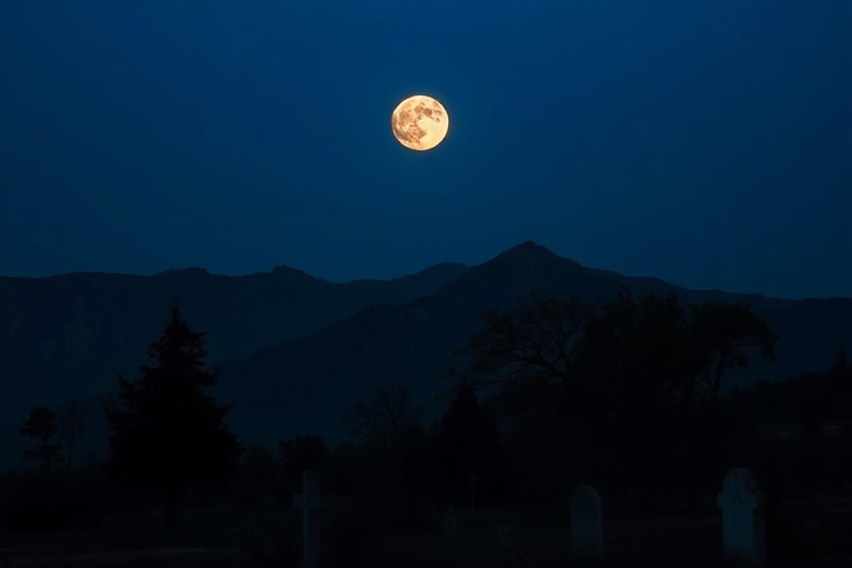 Capture a high-resolution landscape image of a full moon over a mountain range, silhouetted trees and a graveyard, using a Canon EOS R5 with a 50mm f/1.8 lens, ISO 100, aperture f/8, shutter speed 1/60 sec, shot during twilight for enhanced contrast and detail.