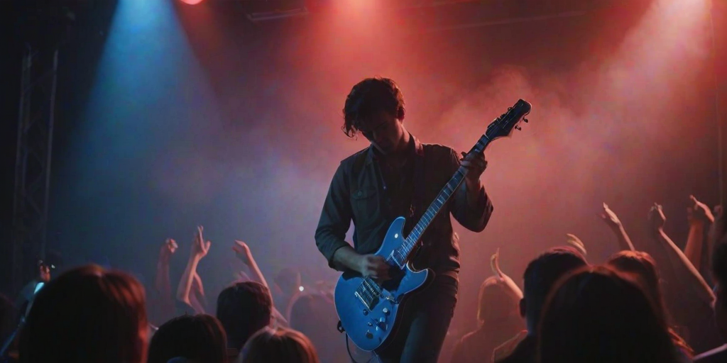 Blurry, dynamic shot of a guitarist strumming on stage under soft red and blue spotlights, smoke swirling in the air, and a cheering crowd barely visible in the background.