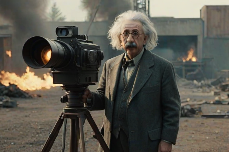 (cinematic, full body shot, professor einstein lecturing,  realistic skin, natural features, Phantom High Speed Camera, style raw) ,looking to the viewers, mudapocalyptic, goggles, fire.