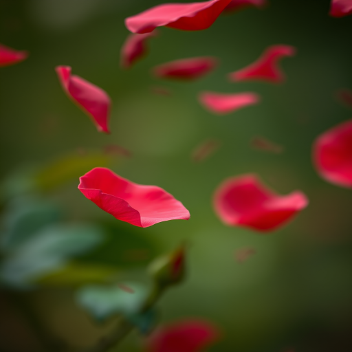 Close-up shot of falling rose petals against a blurred background, aperture f/2.8 for soft bokeh, shutter speed 1/200s to freeze motion, ISO 100, natural light, DSLR camera, macro lens, well-composed and vibrant colors for enhanced image quality.