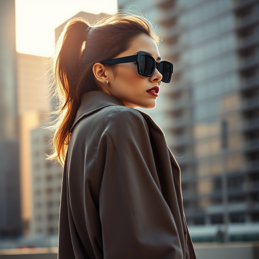 Cityscape backdrop, fashionable attractive model , wearing black shades, oversized coat, minimalist accessories, urban chic vibe, Shoot against a strong backlight using a 50mm f/1.2 lens to create a soft, silhouetted profile, highlighting the flow and transparency of the fabric