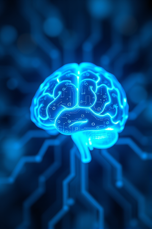 Generate an image of a glowing blue brain circuit representing artificial intelligence, with an abstract digital background featuring soft bokeh lighting, captured using a DSLR camera with a 50mm lens, f/1.8 aperture, ISO 100, shot from a low angle to emphasize depth, using a macro photography style for enhanced detail.