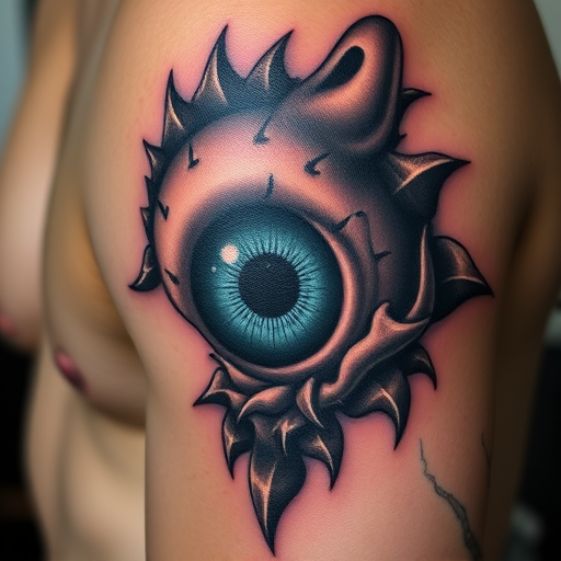 Realistic 3D tattoo dubbed "Optical Illusion" utilizing shading and perspective techniques to create a lifelike image that appears to emerge from or recede into the skin fooling the eye with its depth