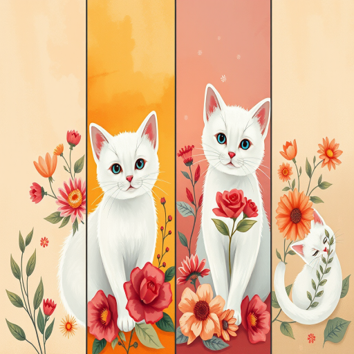 Create a digital illustration of four abstract bookmarks featuring cute white cats surrounded by vibrant floral designs, with a warm color palette; use a Canon EOS R6 camera with a 50mm f/1.2 lens, aperture set to f/2.8, ISO 100, and a shallow depth of field to accentuate details and enhance image quality.