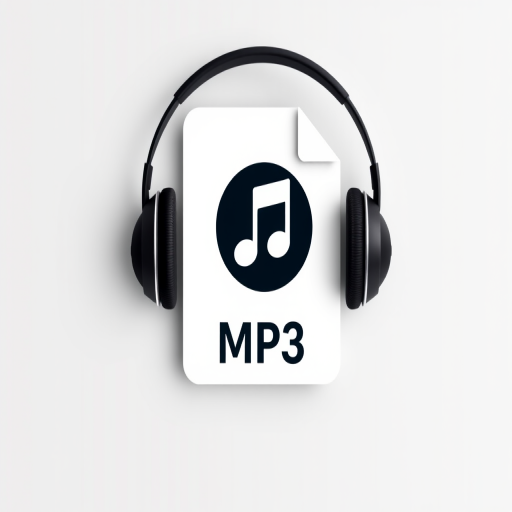 Create an image of an MP3 file icon with a pair of headphones, in a modern flat design, using a white background, high contrast colors, shot with a 50mm lens at f/2.8, ISO 100, in portrait orientation, using a digital camera.