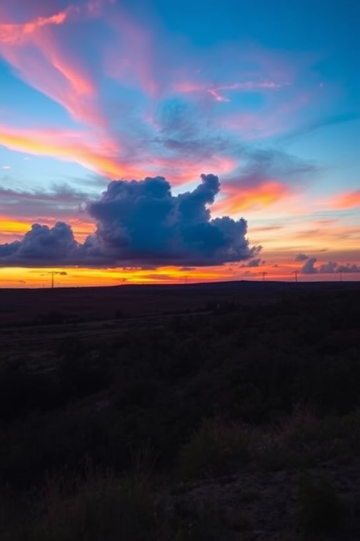 Generate a high-resolution image of a serene landscape at sunset with vibrant colors and soft clouds, captured using a Canon EOS R5, 50mm lens, f/1.8 aperture, ISO 200, with a slight vignette effect for depth.
