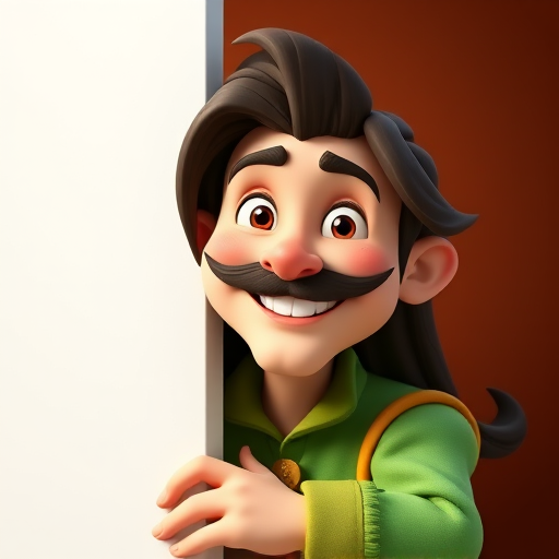 create a 3D cartoon character of a smiling man with long hair and a mustache wearing a green outfit, peeking from behind a white panel, captured with a Canon EOS R5, 50mm lens, f/1.8 aperture, ISO 100, in bright lighting, with a focus on vibrant colors and smooth textures.