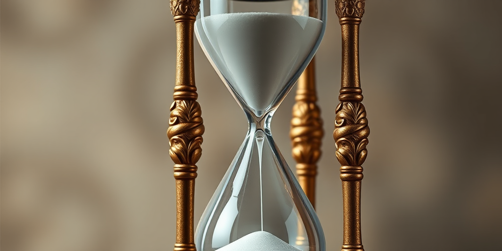 Create a highly detailed and realistic illustration of a classic hourglass with ornate designs on the frame, using a DSLR camera with a 50mm lens, aperture set to f/1.8, ISO 100, and a shallow depth of field to emphasize the hourglass while softly blurring the background.