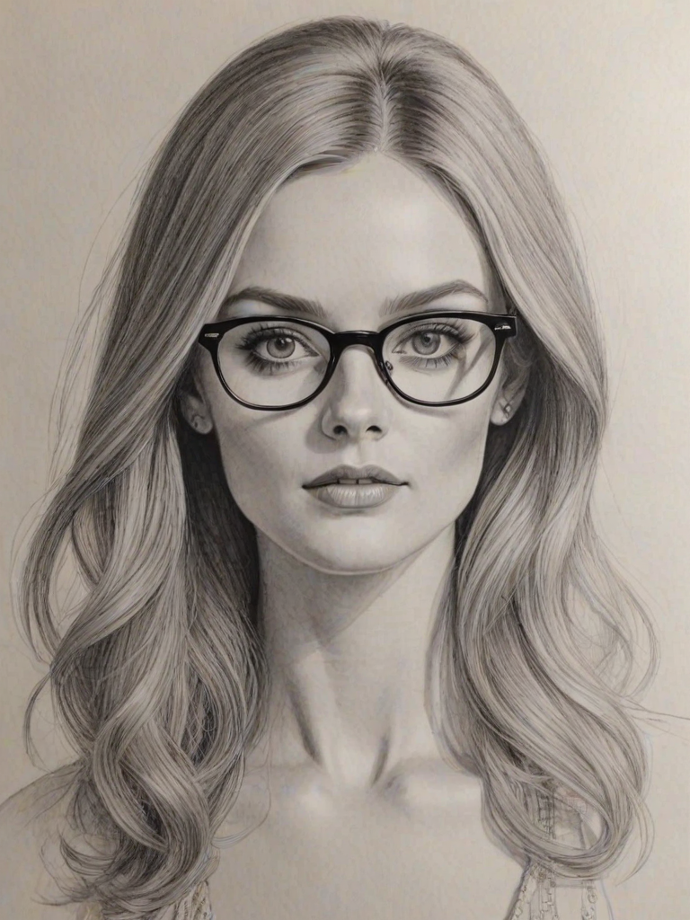 Magnificent Lydia Hearst, pencil sketch, portrait of Stunning woman 1968s in glasses, hair style beatnik, outline, clear lines, fine lines, 8k