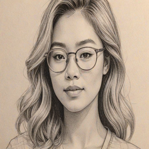 Charming Chloe Kim, pencil sketch, portrait of Enchanting woman 1962s in glasses, hair style beatnik, outline, clear lines, fine lines, 8k
