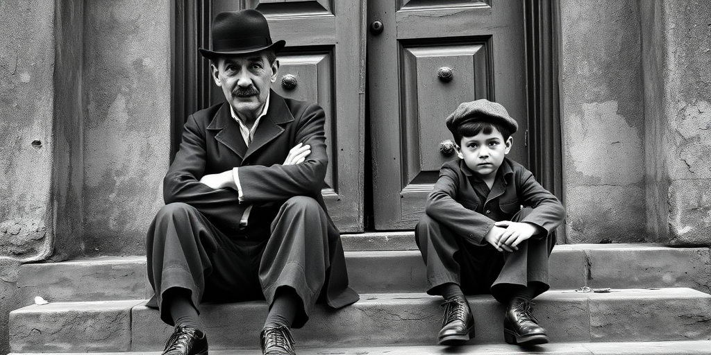 A black-and-white photograph of a man and a child sitting on steps in front of a doorway. The man is dressed as a tramp with a bowler hat, mustache, and ragged clothes, reminiscent of Charlie Chaplin's iconic look. He is sitting with his arms crossed and an expression of slight sadness or frustration. Next to him is a young boy, also in worn clothes and a cap, sitting with his hands clasped, looking thoughtful. The background is an old, textured wall and a partially open door, creating a vintage, early 20th-century atmosphere.