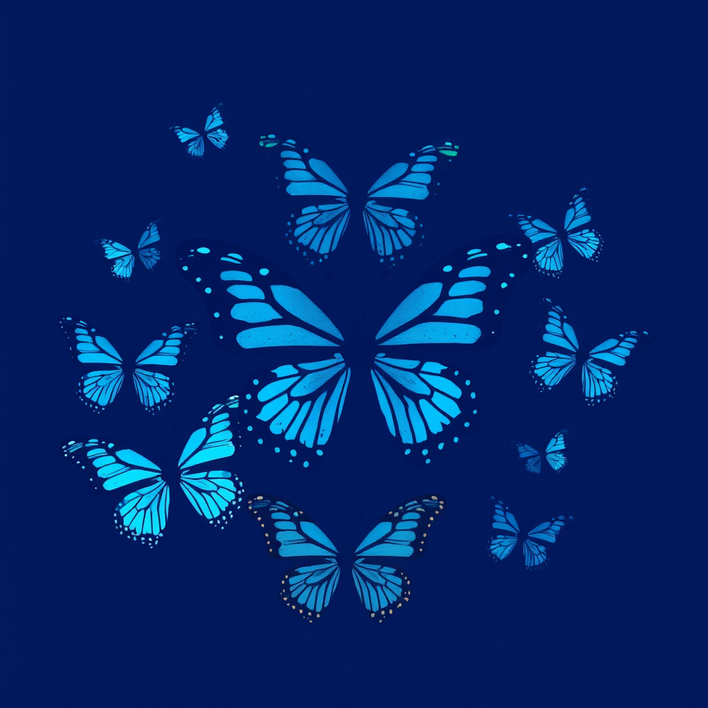 Generate an illustration of various butterfly silhouettes with intricate patterns in shades of blue against a deep blue background, captured with a 50mm lens at f/2.8, focusing on high detail and vibrant color contrast, using a DSLR camera for enhanced clarity and depth.