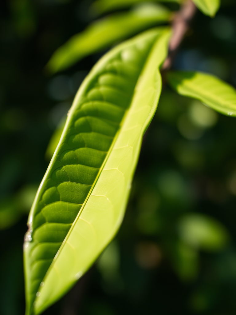 Close-up shot of green leaves with soft bokeh background, natural lighting, f/2.8 aperture, 50mm lens, ISO 200, taken with a DSLR camera, shallow depth of field.