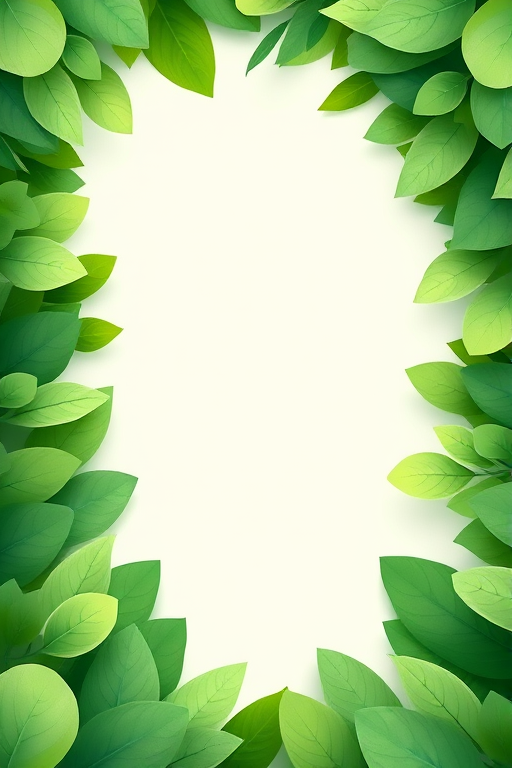 Create a vibrant digital illustration of a green foliage frame with soft, organic shapes, using a Canon EOS R5 with an aperture of f/4, shutter speed 1/125s, ISO 100, top-down view, and a clean, minimalist style.
