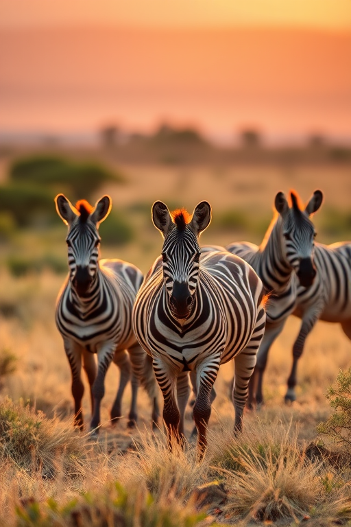 capture a group of zebras in a savanna landscape during golden hour, 50mm lens, f/2.8, ISO 100, shutter speed 1/200s, soft focus background, DSLR camera, natural light