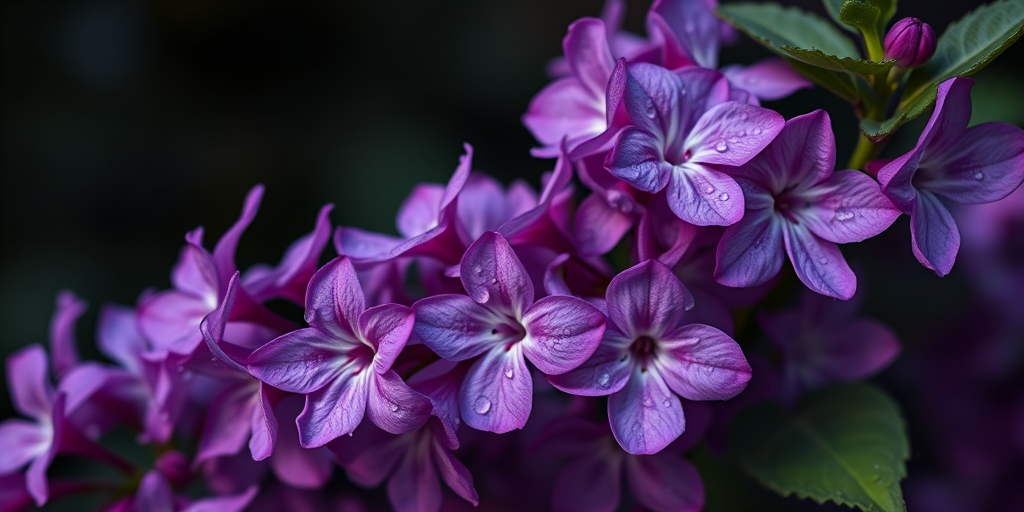 regenerate an image of vibrant purple lilac flowers with droplets of water on the petals against a blurred dark background