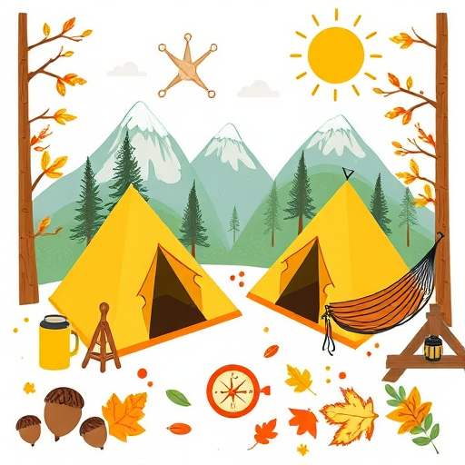 Create a whimsical camping-themed illustration featuring yellow tents, mugs, acorns, autumn leaves, a sun, a compass, mountains, and a hammock, captured with a Canon EOS R5, f/8 aperture, ISO 200, 50mm lens, overhead view, bright and vibrant color palette, graphic style.