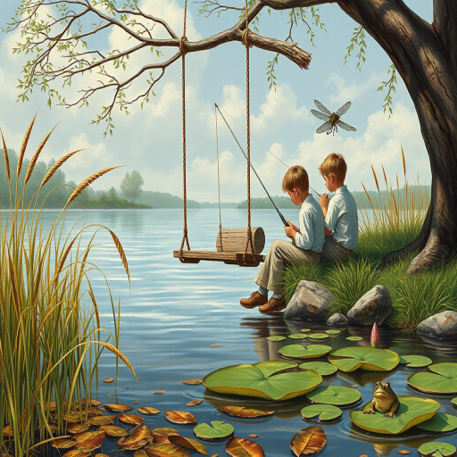 Imagine a small group of old fashioned young boys out fishing by the creek, a swing hanging from a tree branch, reeds and grasses by the water's edge, a frog sitting on a lily pad, dragonflies hovering over som water plans, a very iconic old fashioned scene reminiscent of a Norman Rockwell painting style