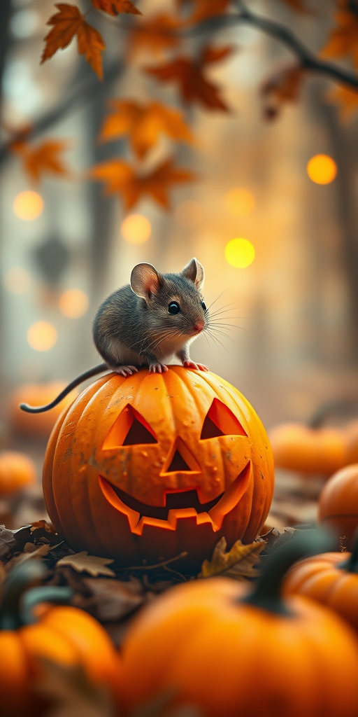 Create a whimsical Halloween scene featuring a cute mouse perched on a carved pumpkin in a misty forest filled with autumn leaves and glowing orange pumpkins, shot with a Canon EOS R5 at f/2.8, ISO 100, 50mm lens, focusing on the mouse with a shallow depth of field, using a soft, warm light for an enchanting ambiance.