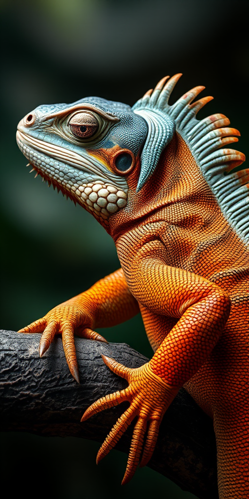 Create a close-up image of an iguana resting on a branch, showcasing its textured skin, vibrant colors, and distinctive spines along its back.