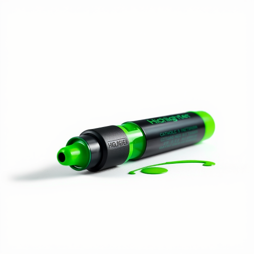 Create a high-resolution digital illustration of a green and black highlighter marker with a cap off, using a Canon EOS R5 camera, 50mm lens, f/1.8 aperture, ISO 100, in bright studio lighting to enhance details and color vibrancy.