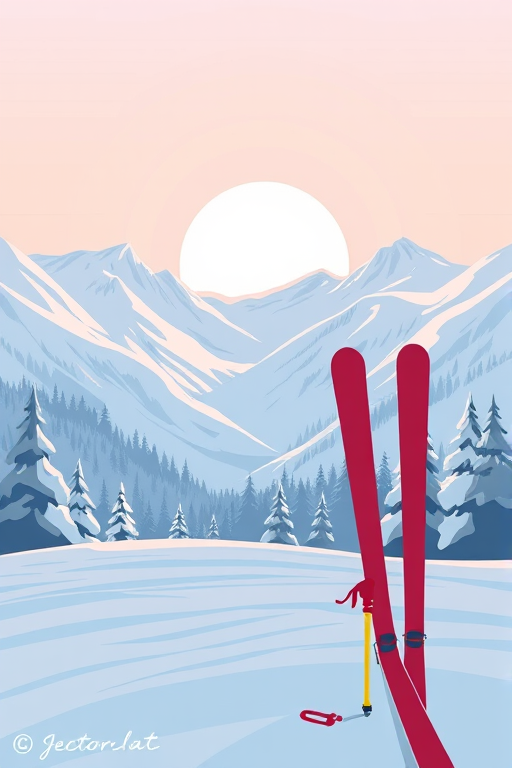 Generate a digital illustration of a snowy mountain landscape with a large sun setting in the background, showing two red and yellow skis and poles in the foreground, with soft pastel colors; camera settings: aperture f/11, shutter speed 1/125s, ISO 200, camera view: wide-angle, camera style: vector art, camera type: digital illustration.