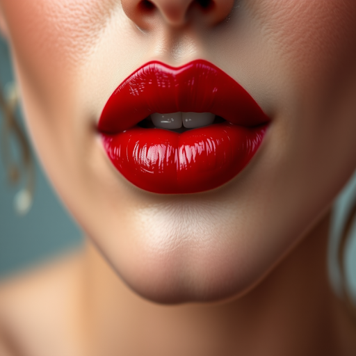 Voluptuous cherry red lips with glossy finish, showcasing plump and defined contours, capturing a sensual allure in a close-up portrait against a soft-focus background