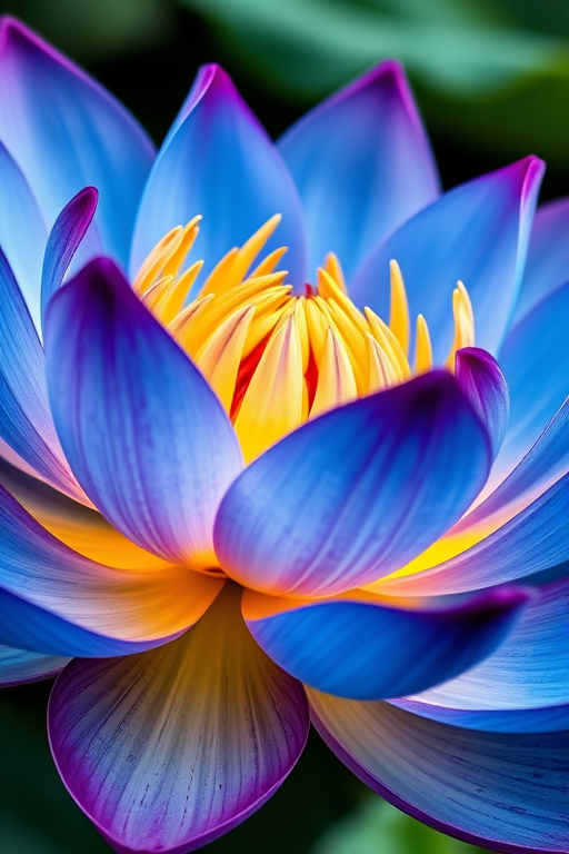 Create a high-resolution digital illustration of a lotus flower with vibrant blue and gold gradients, using a macro lens at f/2.8, ISO 100, natural soft lighting, and a 50mm DSLR camera for enhanced clarity and detail.